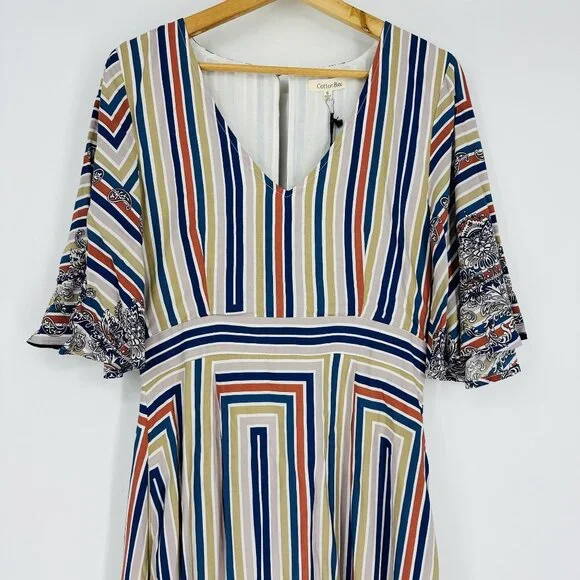 Cotton Bleu Multi Flutter Sleeve Striped Scarf Print V-neck Keyhole Maxi Dress S - Picture 3 of 13